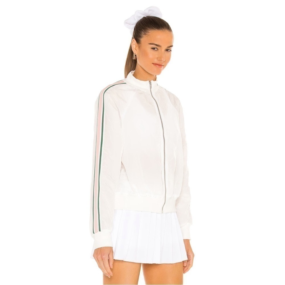 Revolve Tennis Club Athleisure White Zip Up Jacket Pink Green Stripe Size XL